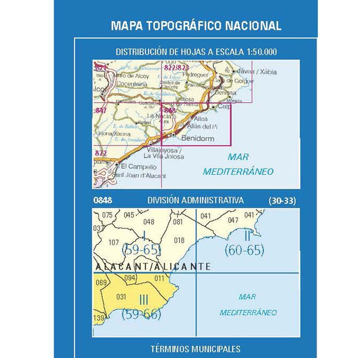 Carte topographique de l'Espagne n° 0848.3 - Benidorm | CNIG - 1/25 000 carte pliée CNIG 