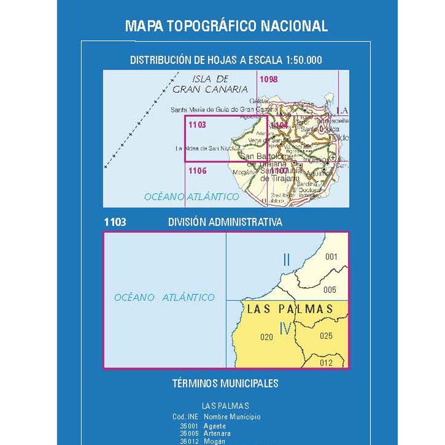 Carte topographique de l'Espagne n° 1103.4 - La Aldea de San Nicolás (Gran Canaria) | CNIG - 1/25 000 carte pliée CNIG 