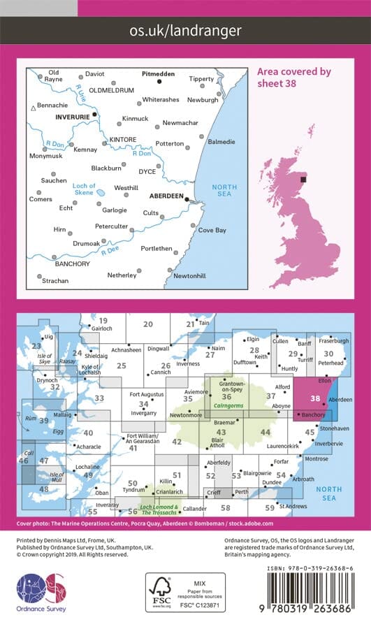 Carte topographique n° 038 - Aberdeen (Ecosse) | Ordnance Survey - Landranger carte pliée Ordnance Survey 