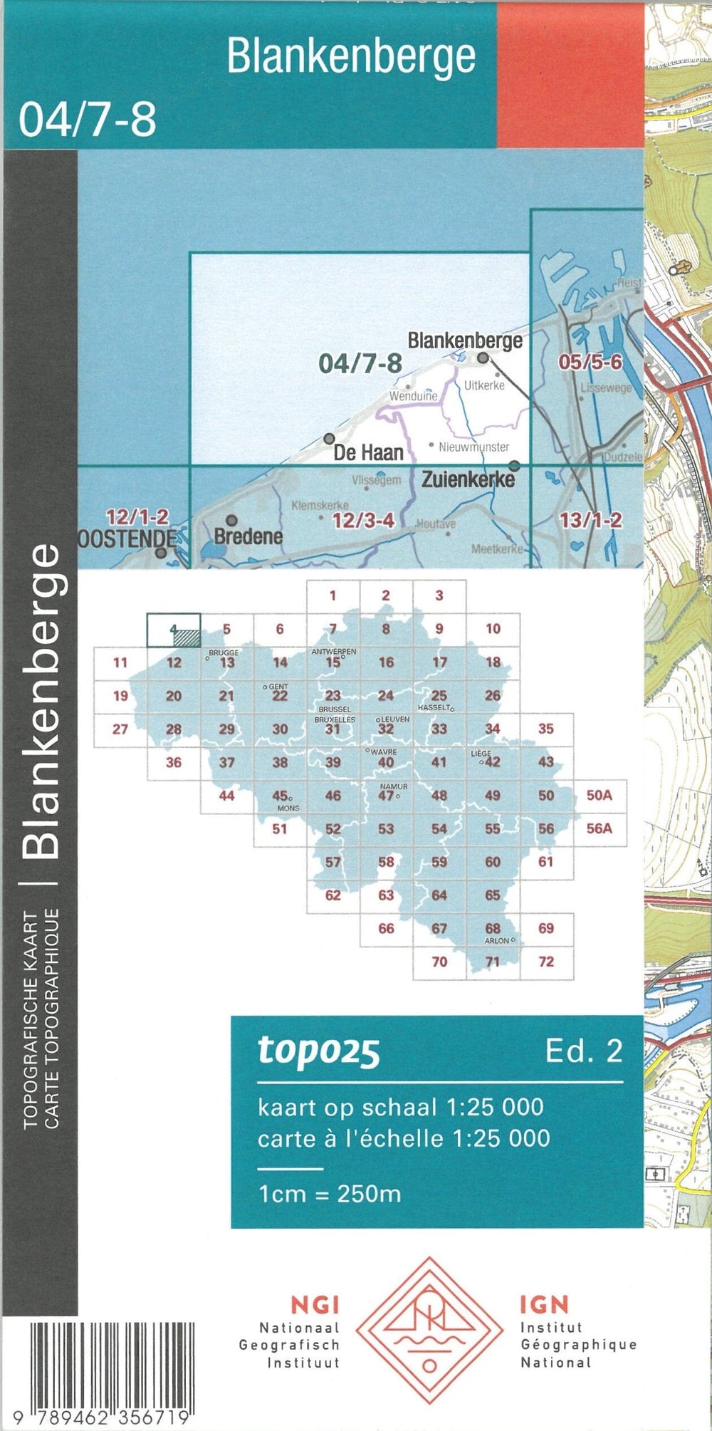 Carte topographique n° 04/7-8 - Blankenberge (Belgique) | NGI topo 25 carte pliée IGN Belgique 