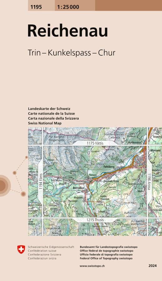 Carte topographique n° 1195 - Reichenau (Suisse) | Swisstopo - 1/25 000 carte pliée Swisstopo 