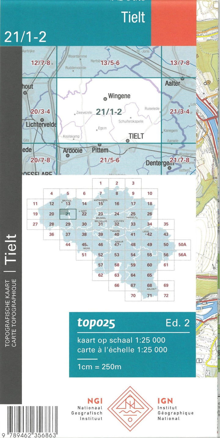 Carte topographique n° 21/1-2 - Tielt (Belgique) | NGI topo 25 carte pliée IGN Belgique 