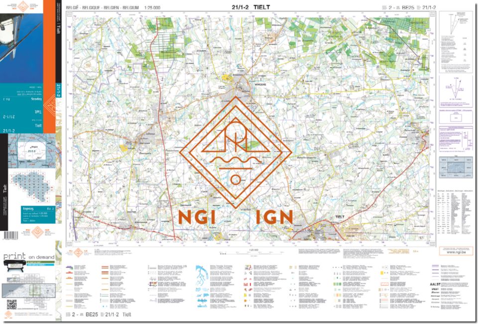 Carte topographique n° 21/1-2 - Tielt (Belgique) | NGI topo 25 carte pliée IGN Belgique 