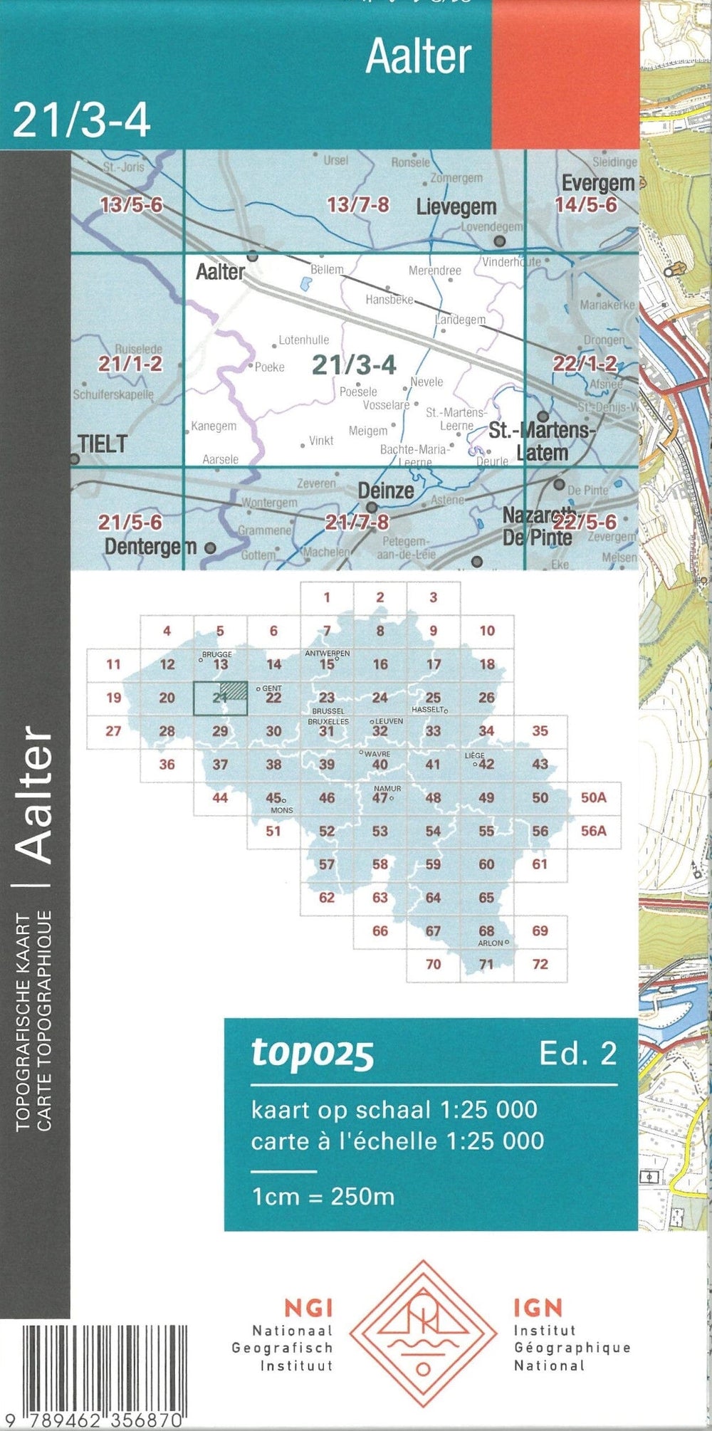 Carte topographique n° 21/3-4 - Aalter (Belgique) | NGI topo 25 carte pliée IGN Belgique 