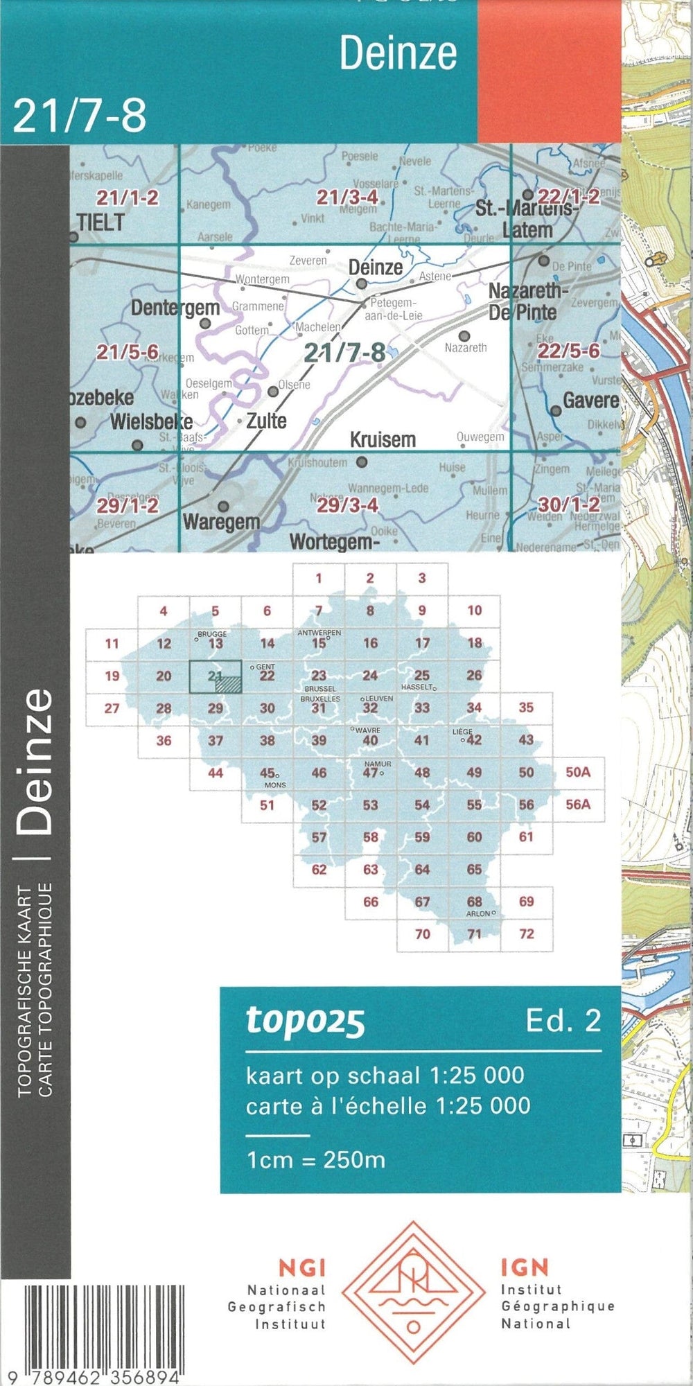 Carte topographique n° 21/7-8 - Deinze (Belgique) | NGI topo 25 carte pliée IGN Belgique 