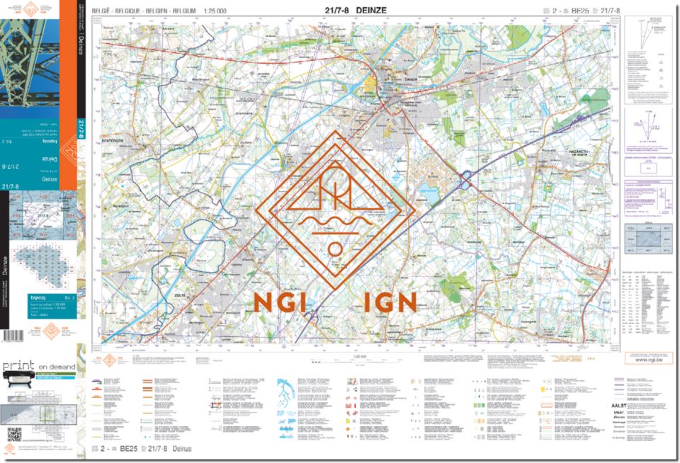 Carte topographique n° 21/7-8 - Deinze (Belgique) | NGI topo 25 carte pliée IGN Belgique 