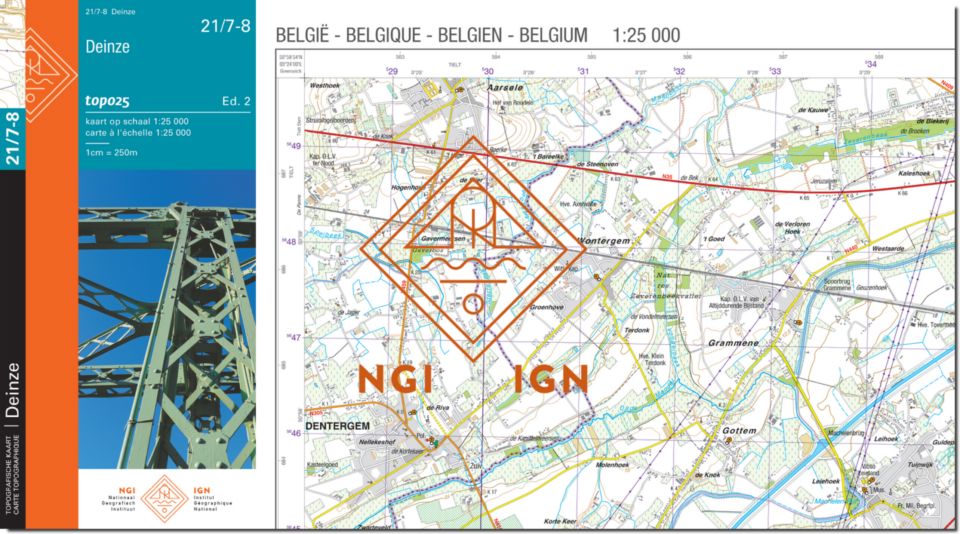 Carte topographique n° 21/7-8 - Deinze (Belgique) | NGI topo 25 carte pliée IGN Belgique 