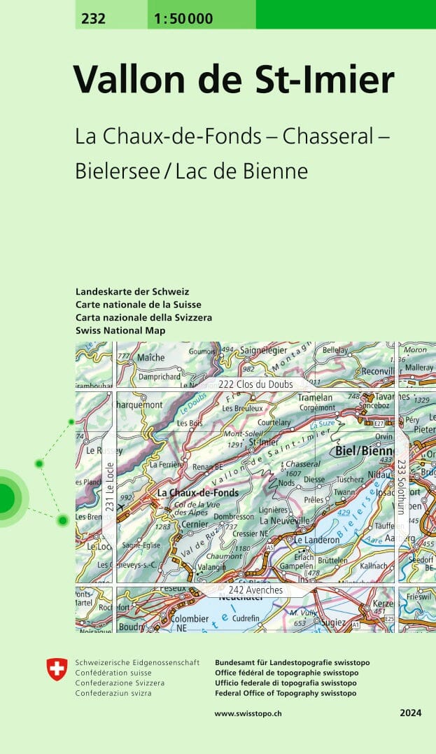 Carte topographique n° 232 - Vallon de St-Imier (Suisse) | Swisstopo - 1/50 000 carte pliée Swisstopo 