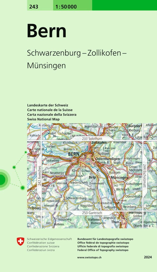 Carte topographique n° 243 - Bern (Suisse) | Swisstopo - 1/50 000 carte pliée Swisstopo 