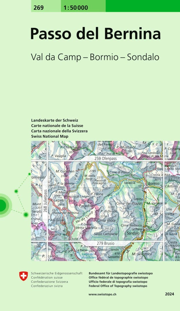 Carte topographique n° 269 - Berninapass (Suisse) | Swisstopo - 1/50 000 carte pliée Swisstopo 