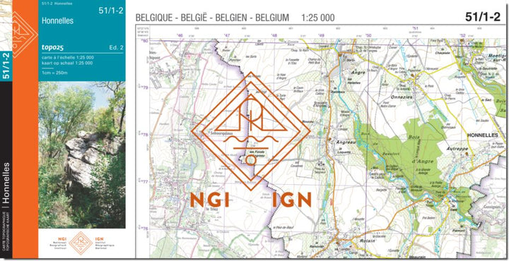 Carte topographique n° 51/1-2 - Honnelles (Belgique) | NGI topo 25 carte pliée IGN Belgique 