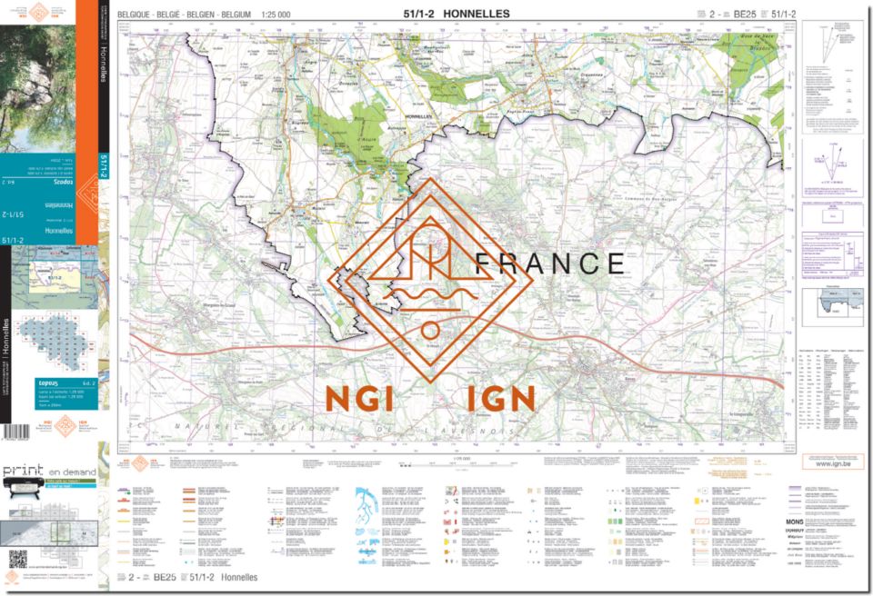 Carte topographique n° 51/1-2 - Honnelles (Belgique) | NGI topo 25 carte pliée IGN Belgique 