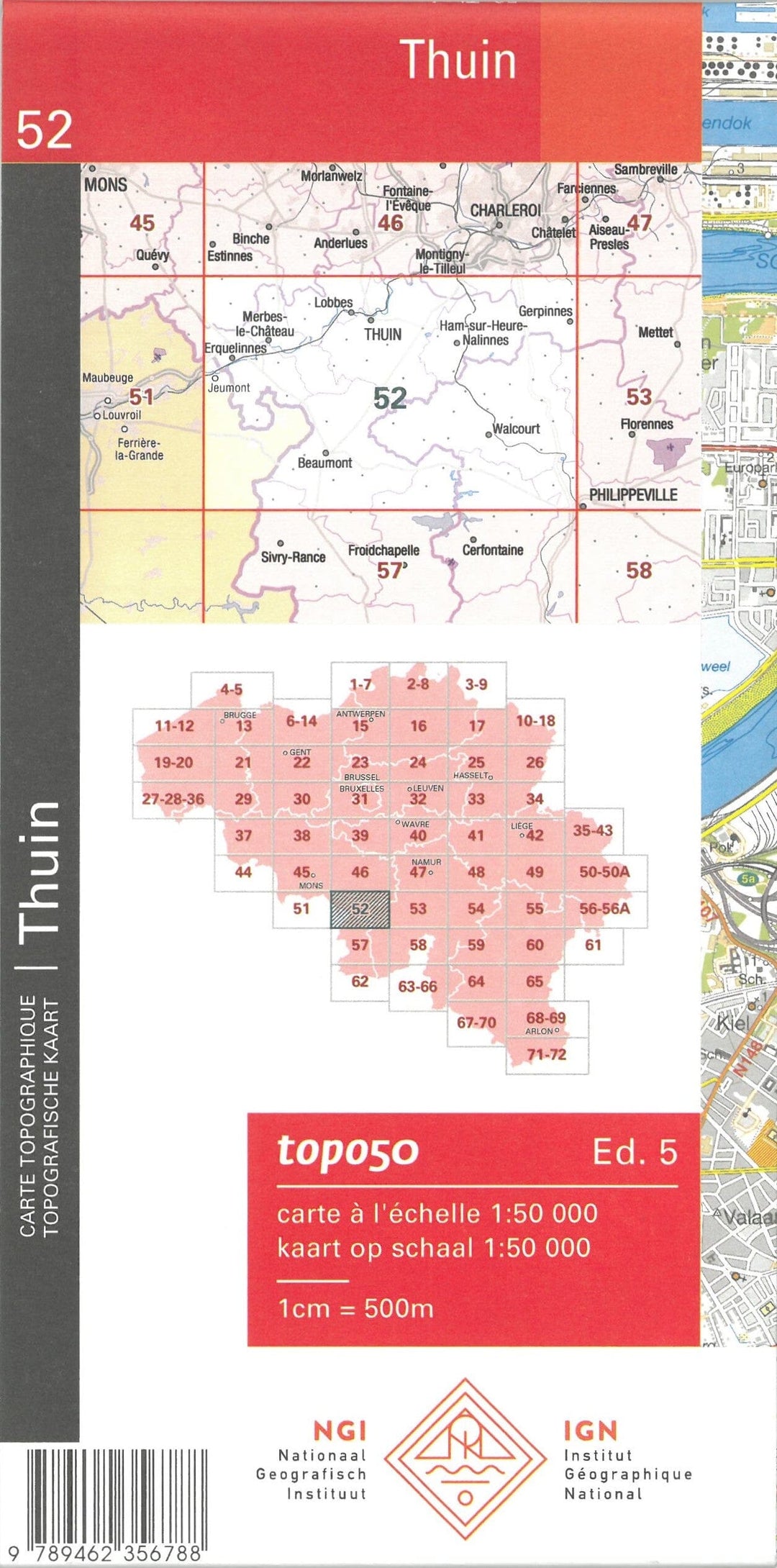 Carte topographique n° 52 - Thuin (Belgique) | NGI - 1/50 000 carte pliée IGN Belgique 