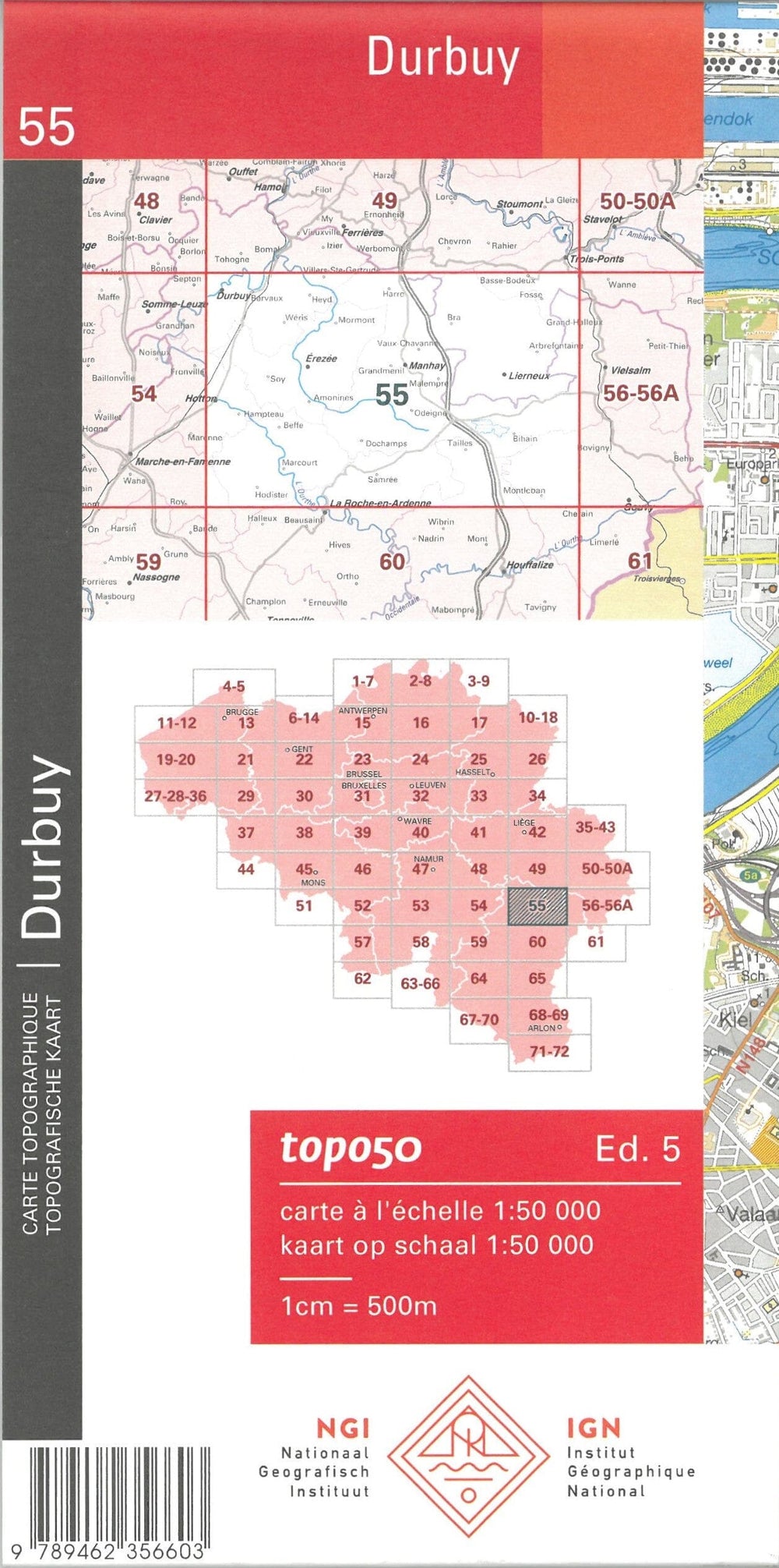 Carte topographique n° 55 - Durbuy (Belgique) | NGI - 1/50 000 carte pliée IGN Belgique 