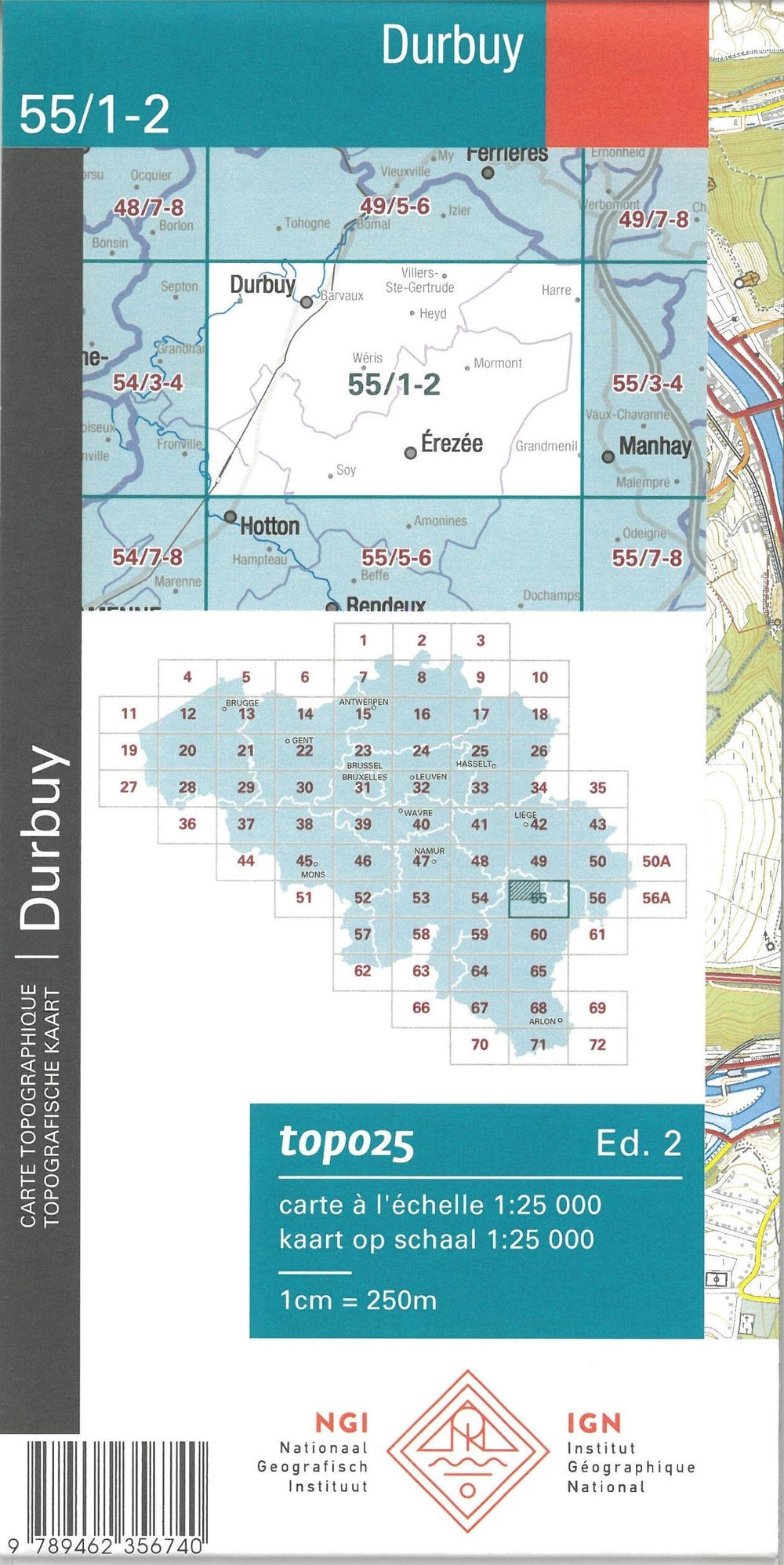 Carte topographique n° 55/1-2 - Durbuy (Belgique) | NGI topo 25 carte pliée IGN Belgique 