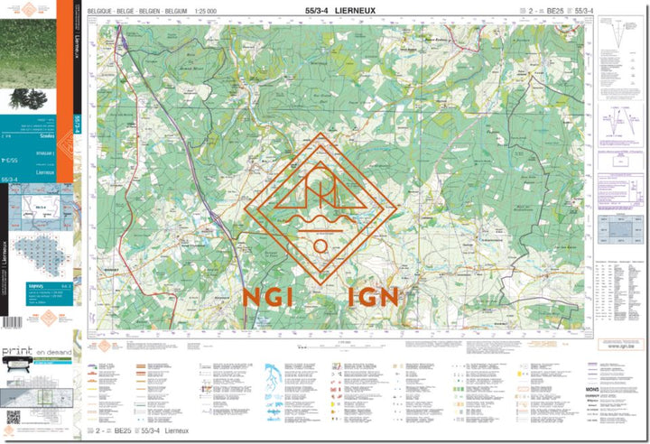 Carte topographique n° 55/3-4 - Lierneux (Belgique) | NGI topo 25 carte pliée IGN Belgique 