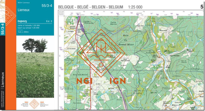 Carte topographique n° 55/3-4 - Lierneux (Belgique) | NGI topo 25 carte pliée IGN Belgique 