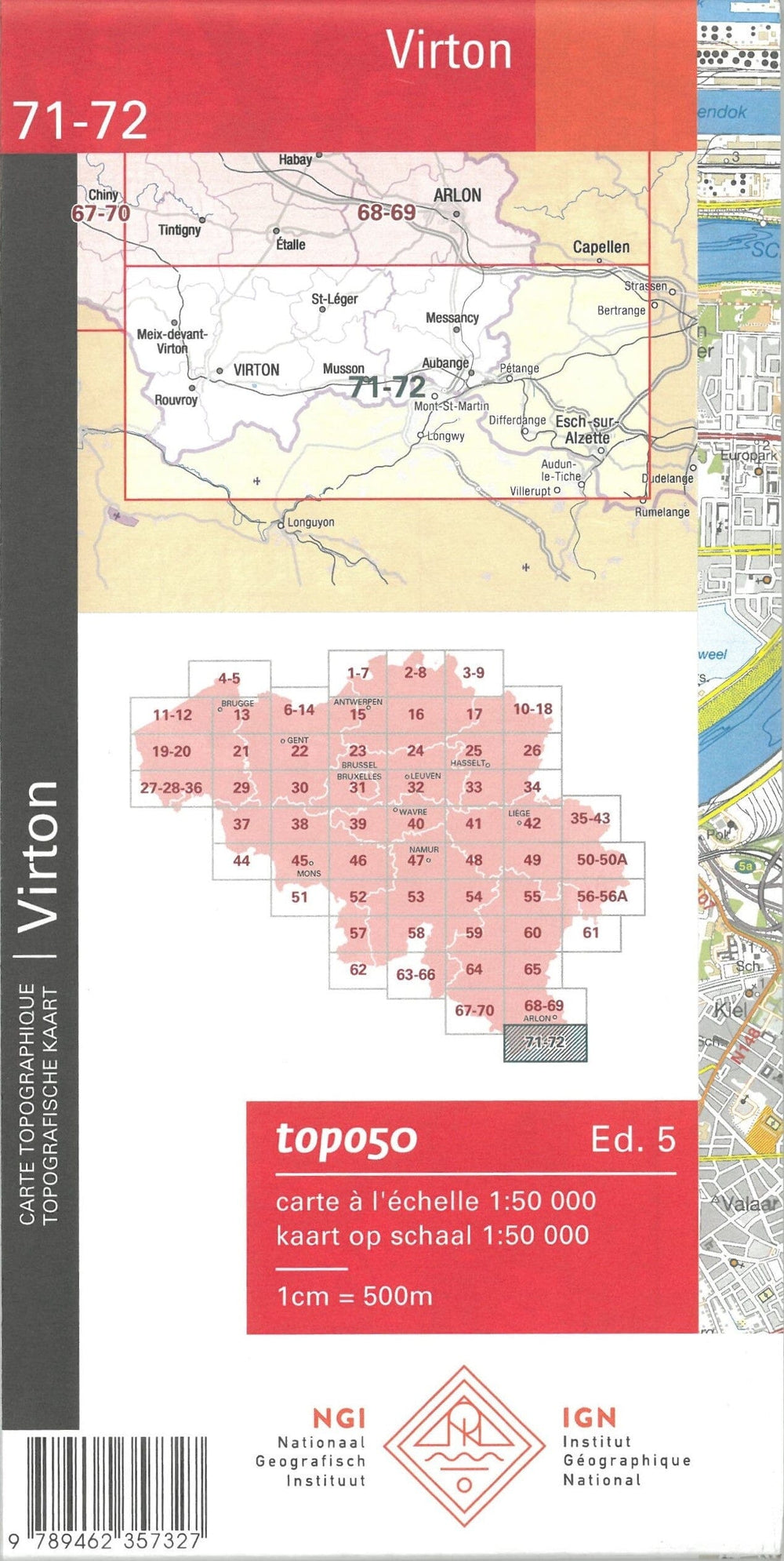 Carte topographique n° 71-72 - Virton (Belgique) | IGN belge - 1/50 000 carte pliée IGN Belgique 