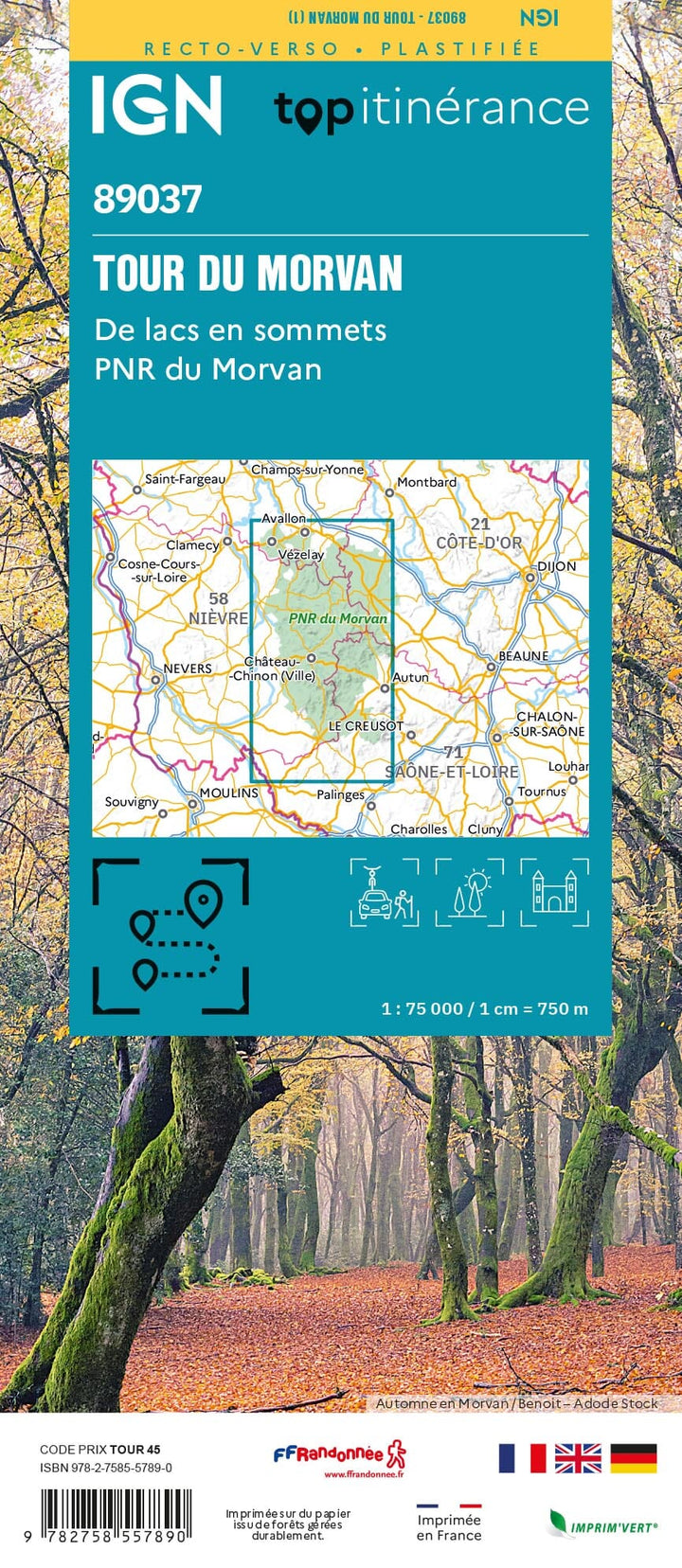 Carte touristique plastifiée - Tour du Morvan | IGN carte pliée IGN 