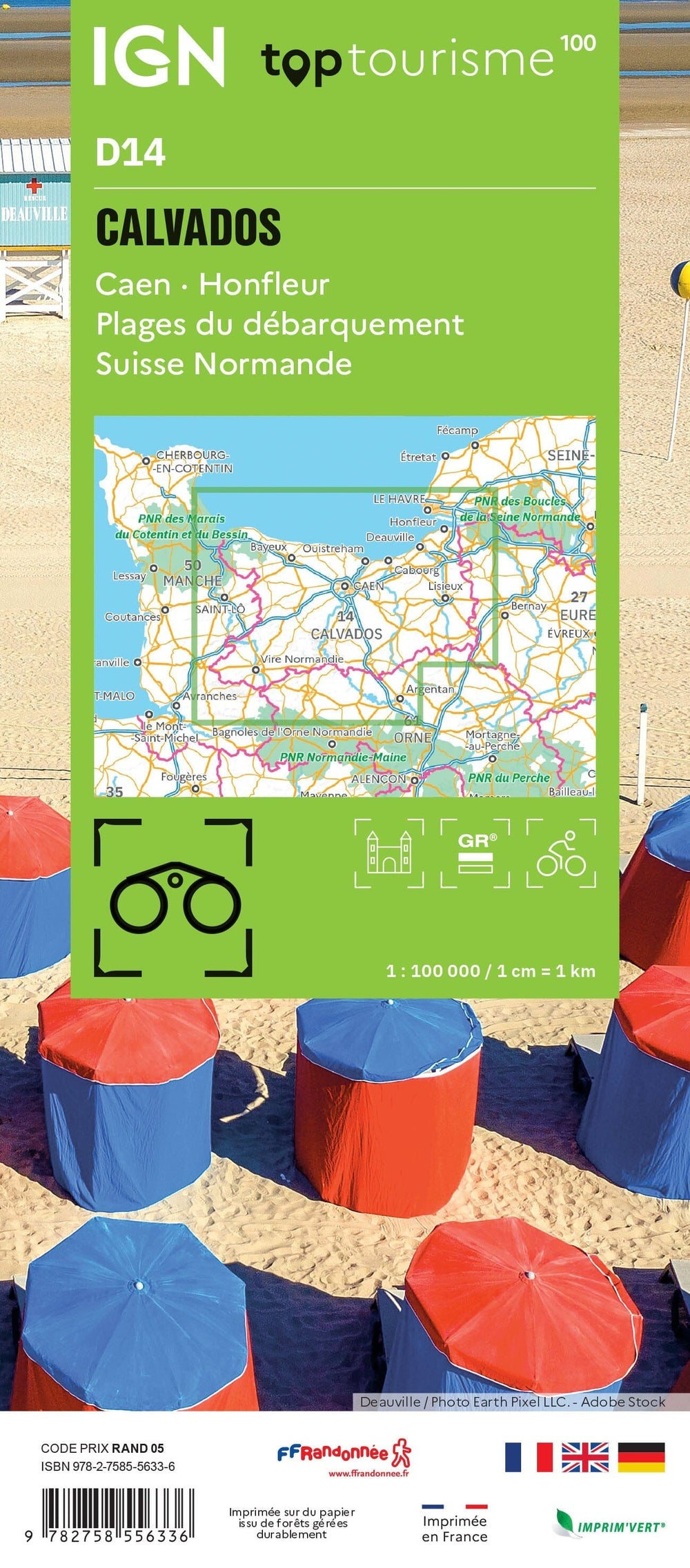 Carte touristique TOP 100 D14 - Calvados, Caen, Honfleur, Plages du Débarquement, Suisse Normande | IGN carte pliée IGN 