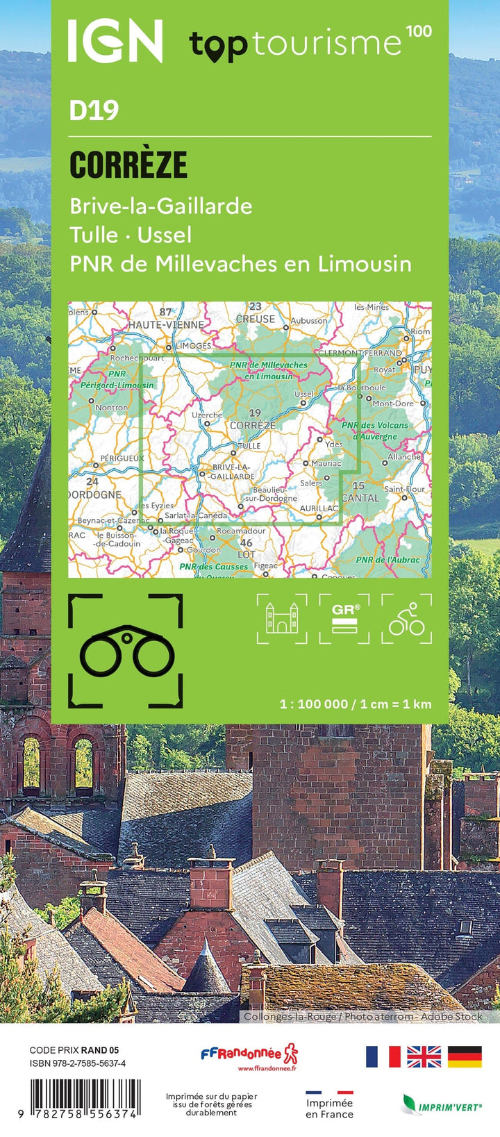 Carte touristique TOP 100 D19 - Corrèze, Brive La Gaillarde, Tulle, Ussel, Pnr De Millevaches En Limousin | IGN carte pliée IGN 