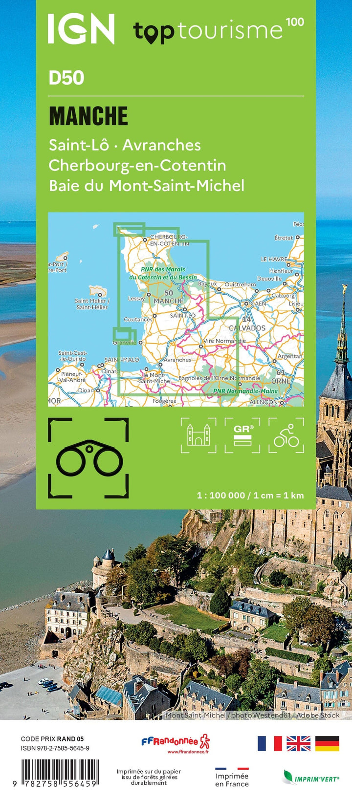 Carte touristique TOP 100 D50 - Manche, St Lô, Avranches, Cherbourg En Cotentin, Baie du Mont St Michel | IGN carte pliée IGN 