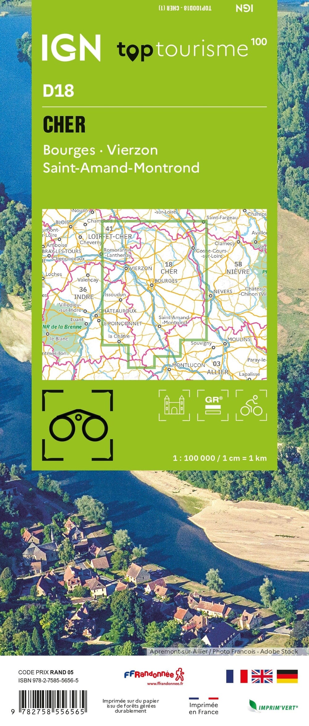 Carte touristique TOP100 D18 - Cher : Bourges, Vierzon, Saint-Amand-Montrond | IGN carte pliée IGN 