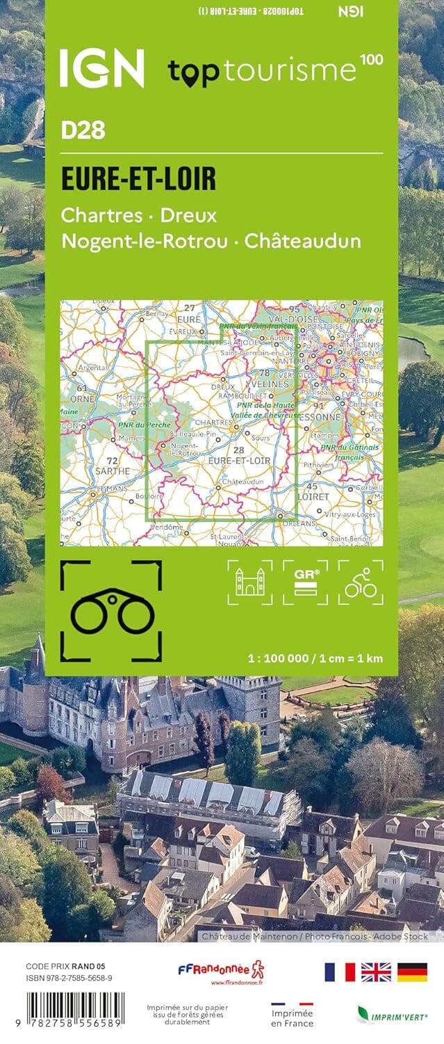 Carte touristique TOP100 D28 - Eure-et-Loir : Chartres, Dreux, Mogent-Le-Retrou, Châteaudun | IGN carte pliée IGN 