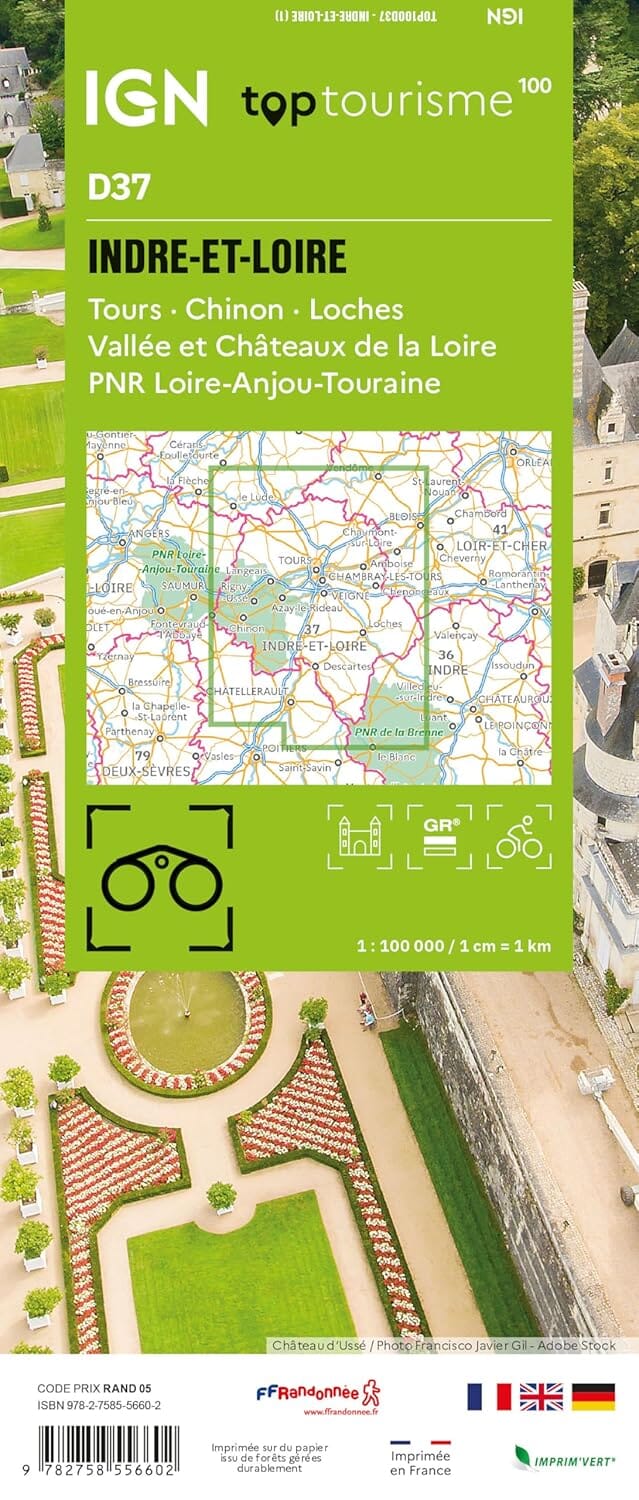 Carte touristique TOP100 D37 - Indre-et-Loire : Tours, Chinon, Loches, Vallée et Châteaux de la Loire, Pnr Loire-Anjou-Touraine | IGN carte pliée IGN 