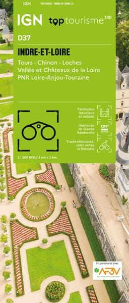 Carte touristique TOP100 D37 - Indre-et-Loire : Tours, Chinon, Loches, Vallée et Châteaux de la Loire, Pnr Loire-Anjou-Touraine | IGN carte pliée IGN 