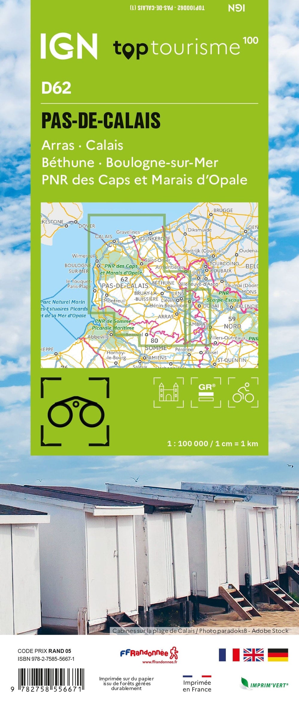 Carte touristique TOP100 D62 - Pas-de-Calais : Arras, Calais, Béthune, Boulogne-Sur-Mer, Pnr des Caps et Marais d'Opale | IGN carte pliée IGN 