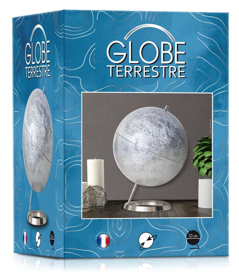 Globe argent & blanc de diamètre 30 cm, pied chromé (en français) globe Cartotheque Egg 