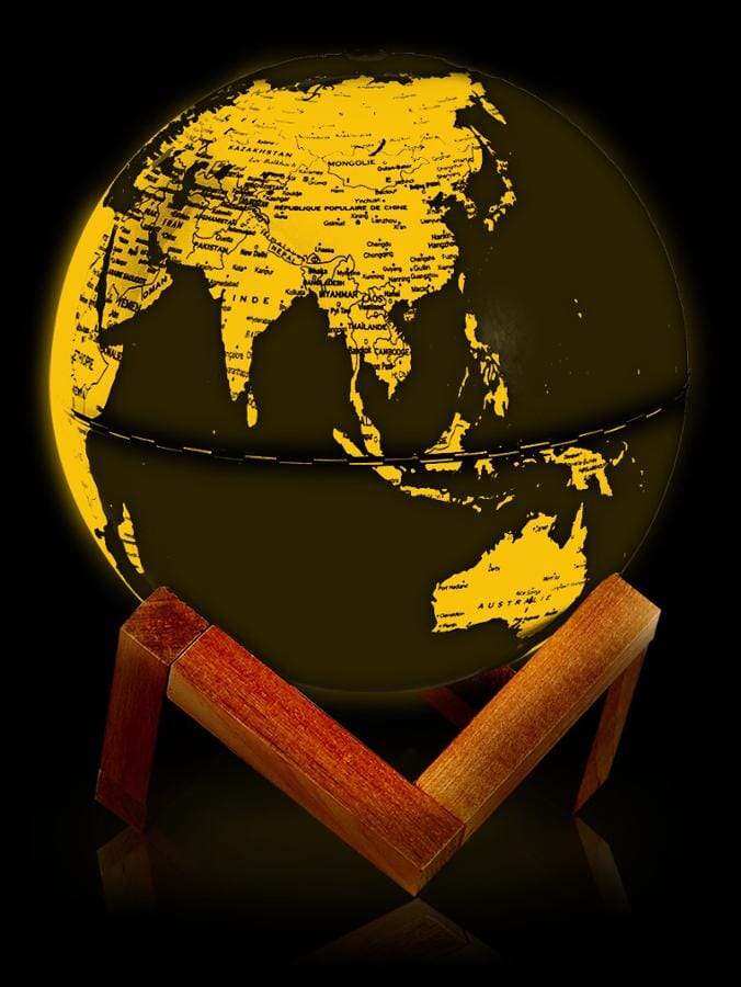 Globe terrestre lumineux de diamètre 14 cm, Noir et Or, avec support en bois, en français globe Cartotheque Egg 