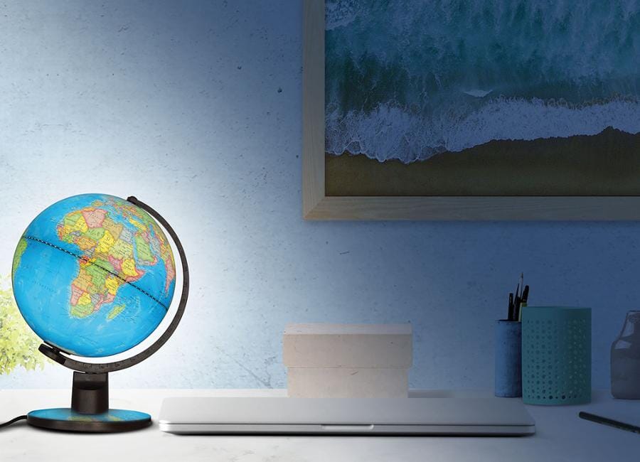 Globe terrestre de design 25 cm lumineux textes en anglais ANGLO CHROME