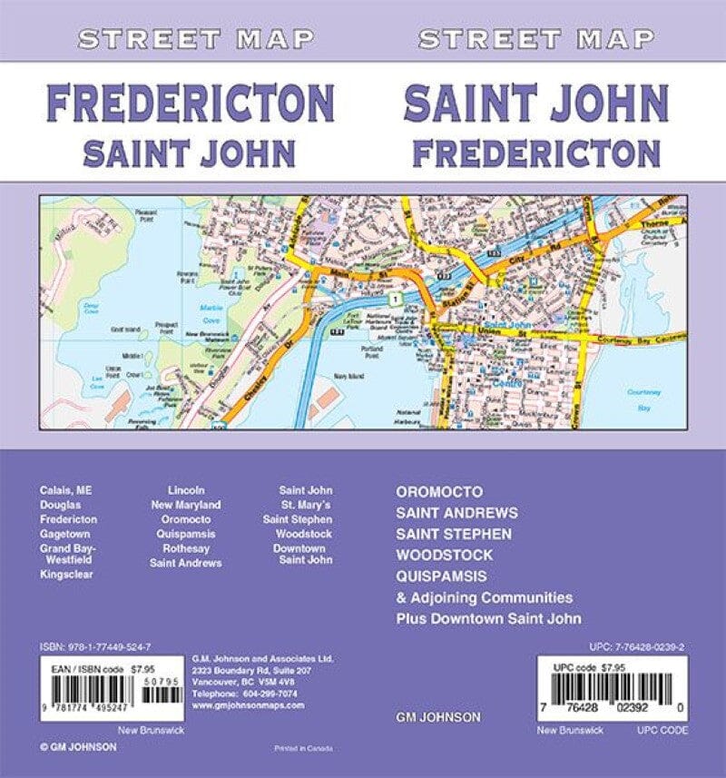 Plan de ville - Saint John, Fredericton, St. Stephen (Nouveau-Brunswick) | GM Johnson carte pliée GM Johnson 