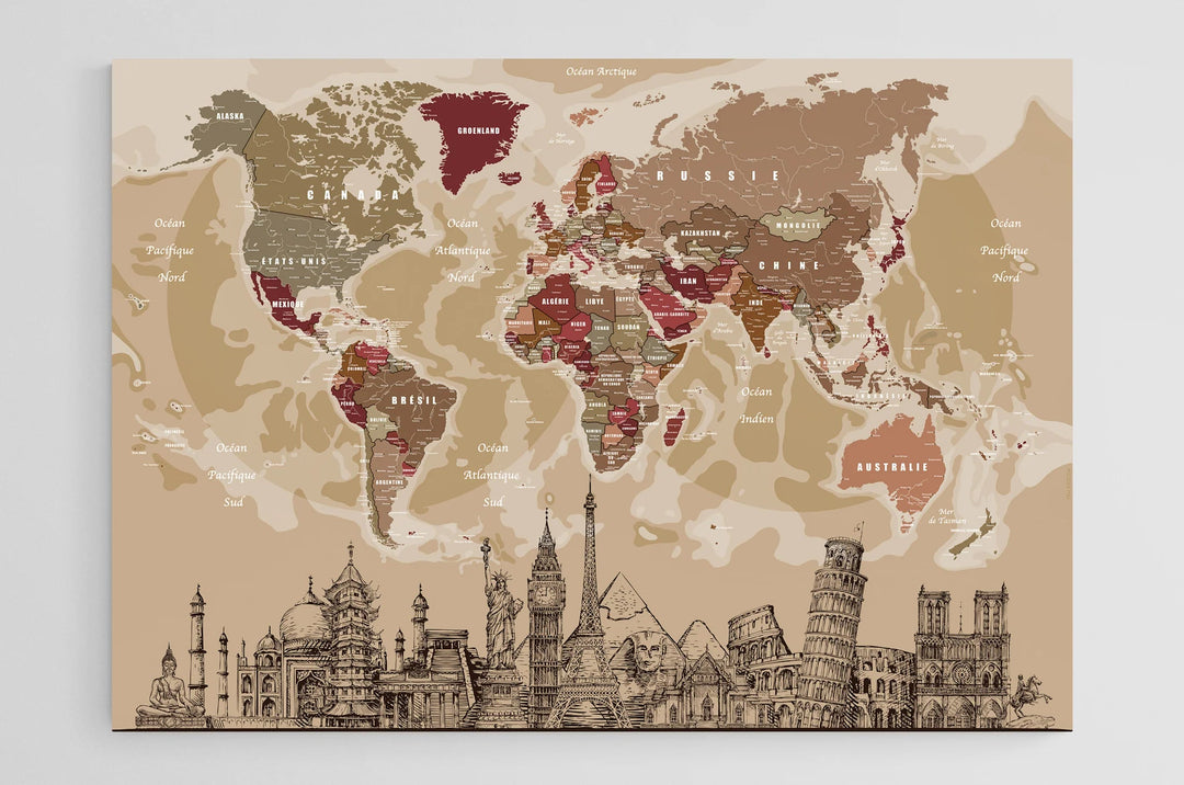 Planisphère décoratif avec bande de monuments célèbres - tons de beige - 100 x 70 cm carte murale hors dimensions Modern Map 