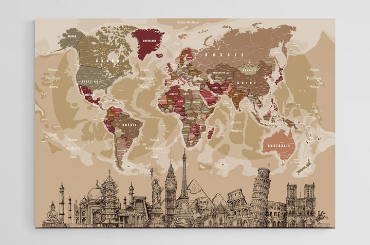 Planisphère décoratif avec bande de monuments célèbres - tons de beige - 100 x 70 cm carte murale hors dimensions Modern Map 