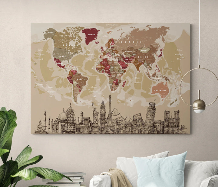 Planisphère décoratif avec bande de monuments célèbres - tons de beige - 100 x 70 cm carte murale hors dimensions Modern Map 