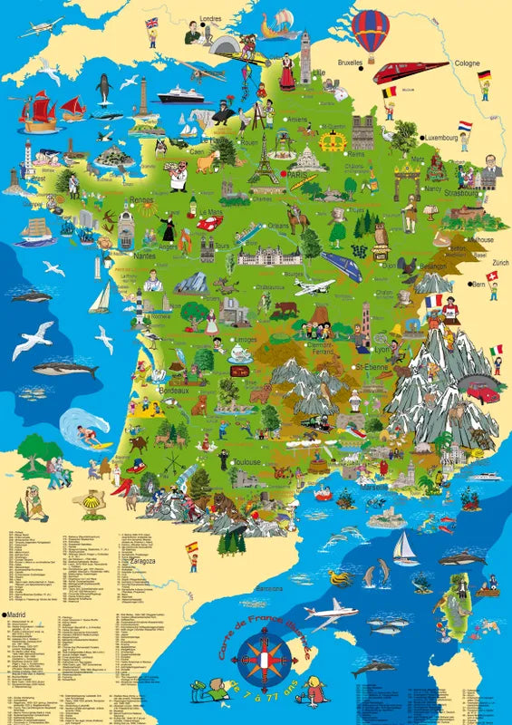 Poster - Carte de France illustrée - 100 x 70 cm carte murale petit tube Kruger Depot 