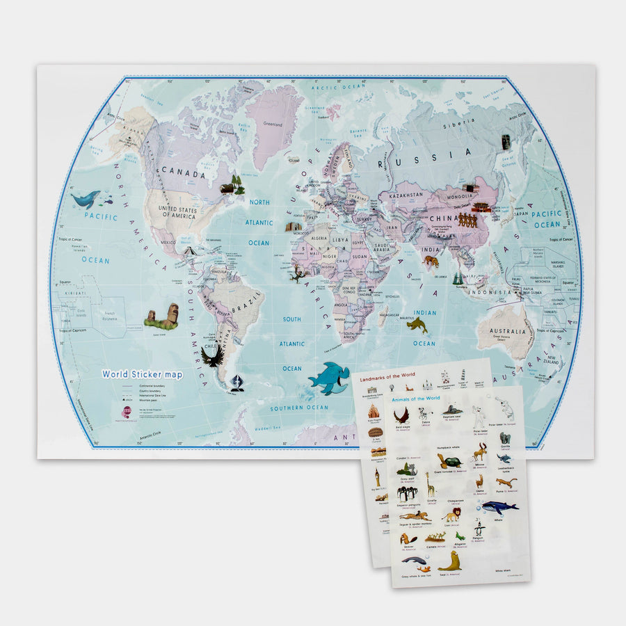 Poster pour enfants (en anglais) - Le Monde illustré, en couleurs, avec autocollants (85 x 60 cm) | Maps international carte murale petit tube Maps International 
