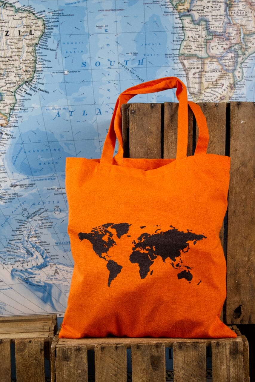 Tote bag - motif carte du monde (38 x 42 cm) accessoire de voyage Craenen orange 