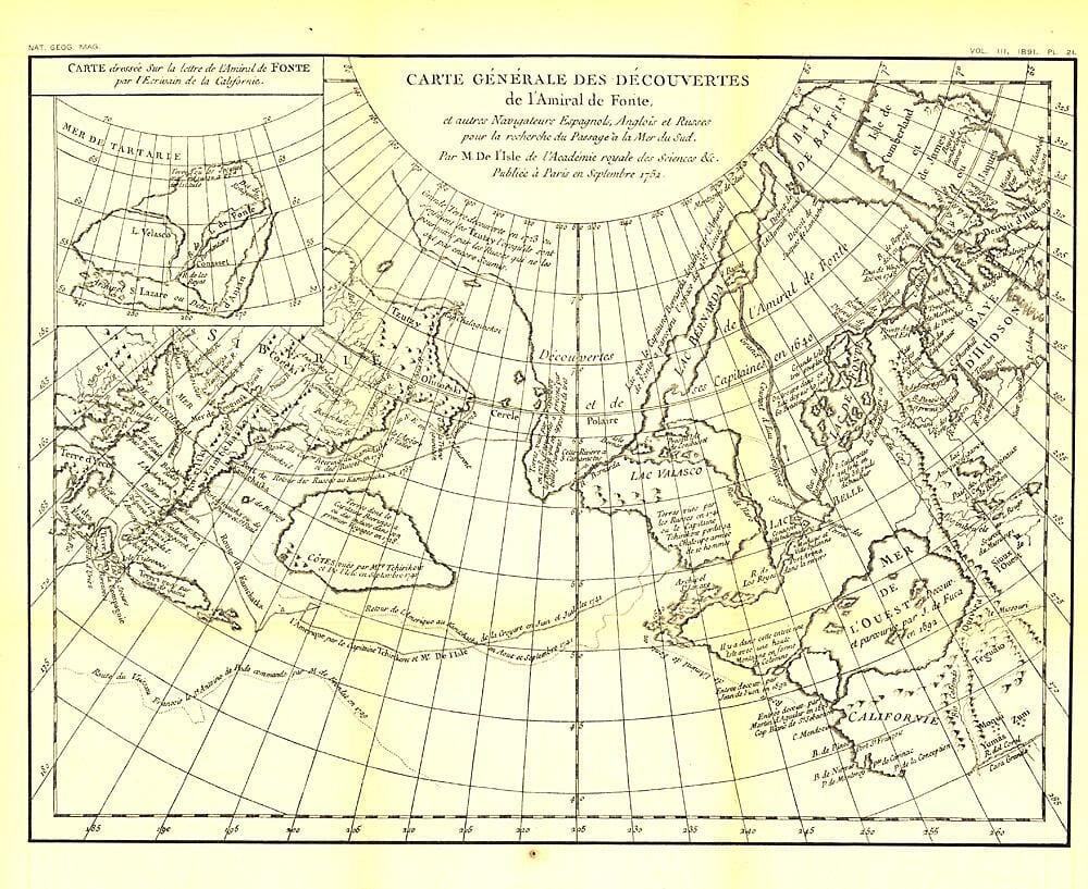 1892 Carte Generale Des Decouvertes De Lamiral De Fonte 1752 Map Wall Map 