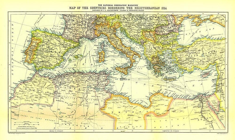 1912 Countries Bordering the Mediterranean Sea Map Wall Map 