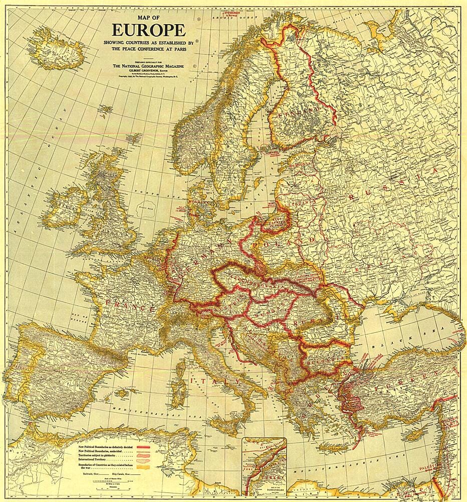 1921 Map of Europe Showing the Countries Established by the Peace Conference of Paris Wall Map 