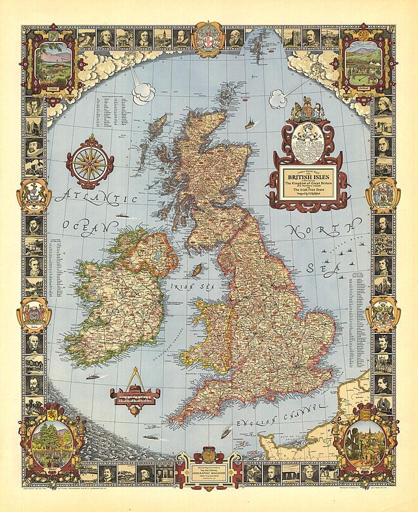 1937 A Modern Pilgrim's Map of the British Isles Wall Map 