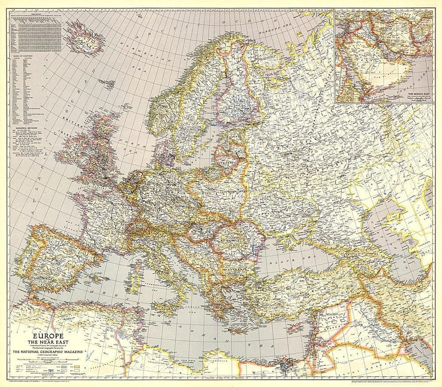 1943 Europe, and the Near East Map Wall Map 