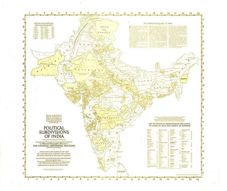 1946 Political Subdivisions of India Map Wall Map 