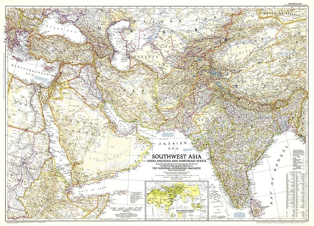 1952 Southwest Asia Map Wall Map 