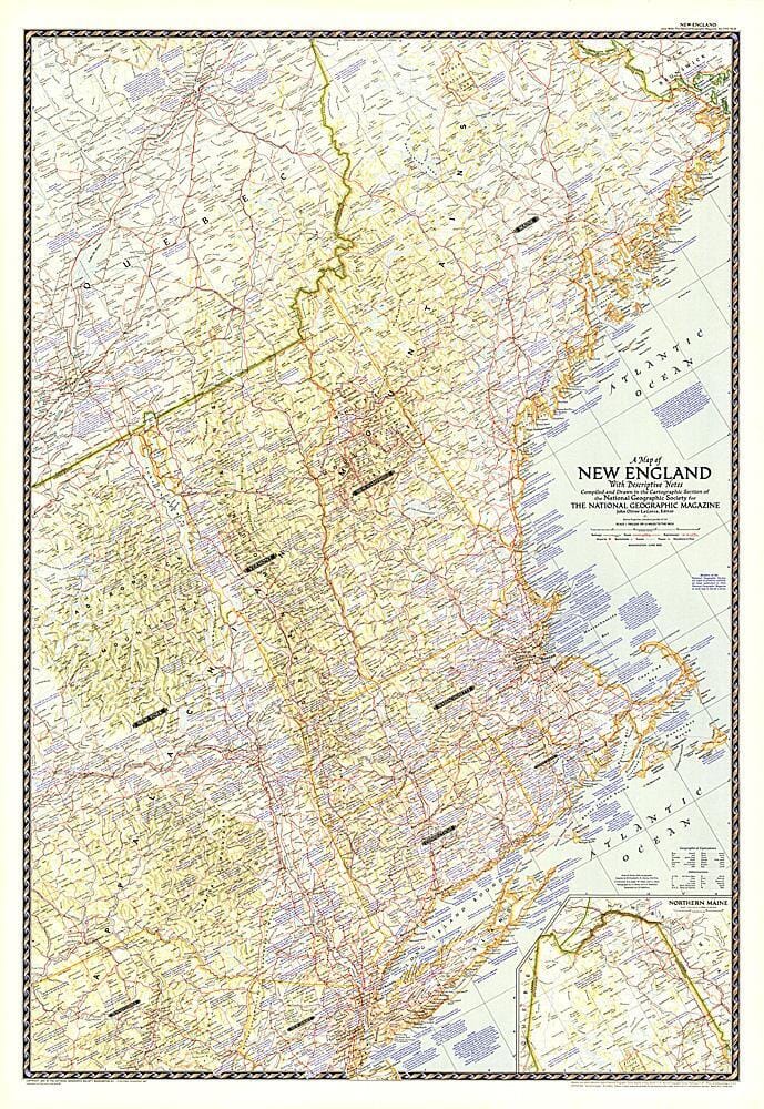 1955 Map of New England with Descriptive Notes Wall Map 