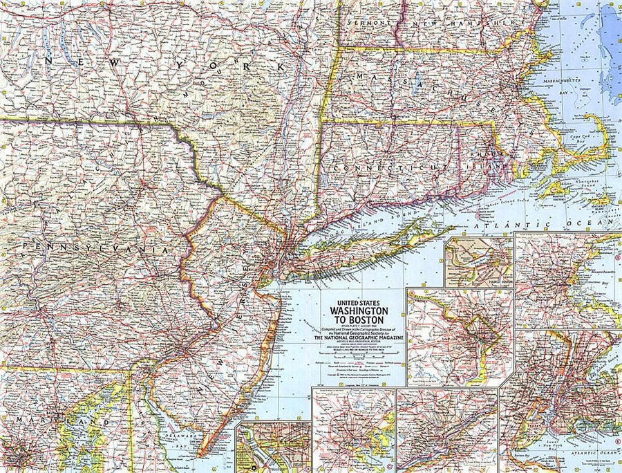 1962 United States Washington to Boston Map Wall Map 